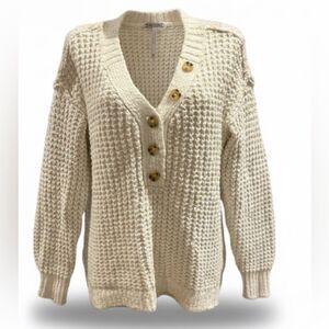 Free People Waffle Knit Tunic Sweater XS Cream Oversized V-Neck Button Henley